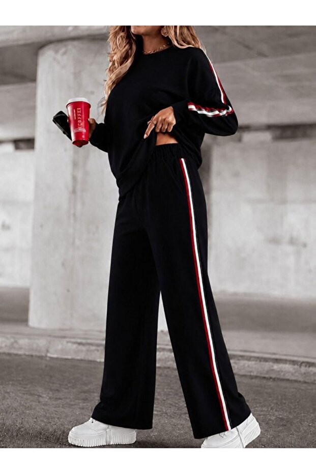 Women's Long Sleeve Crew Neck Stripe Detailed Viscose Two-Thread Blouse and Trousers Two-Piece Set