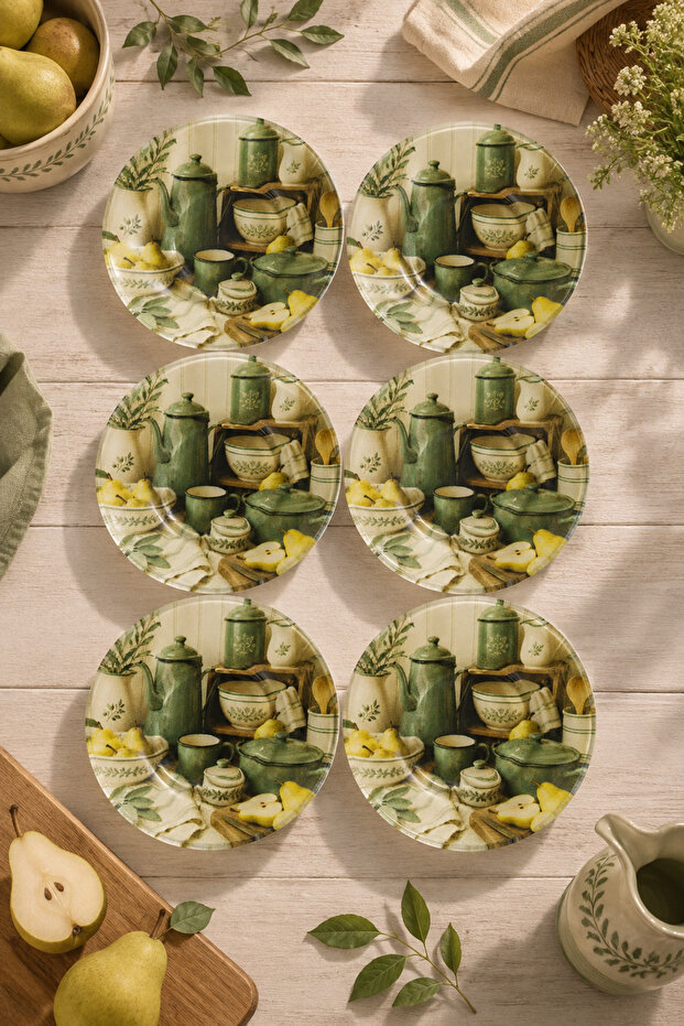 Set of 6 Glass Tea Plates – Green Vintage Kitchen Pattern – 6 Tea Plates
