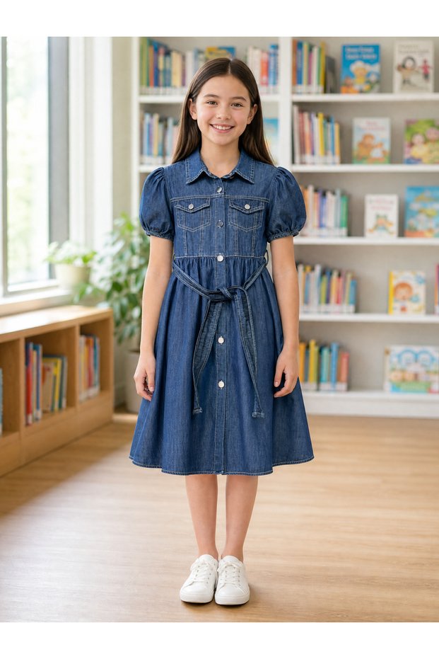 Girls' Denim Dress Short Balloon Sleeves Shirt Collar Buttoned Belted Jean Dress with Pockets 11-16 Years