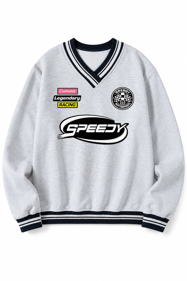 Women's V-Neck Speedy Y2K Print Detailed Oversize Sweatshirt