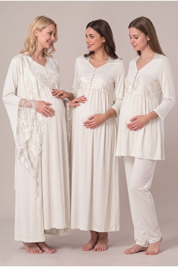 Women's Ecru Lace Long Sleeve Nursing Detailed Pajama Set with Dressing Gown for Maternity and Pregnancy