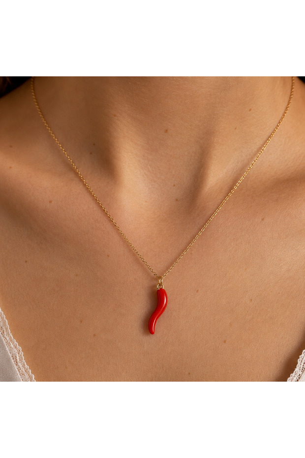 Red Pepper Lucky Horn Stainless Steel Necklace Gold