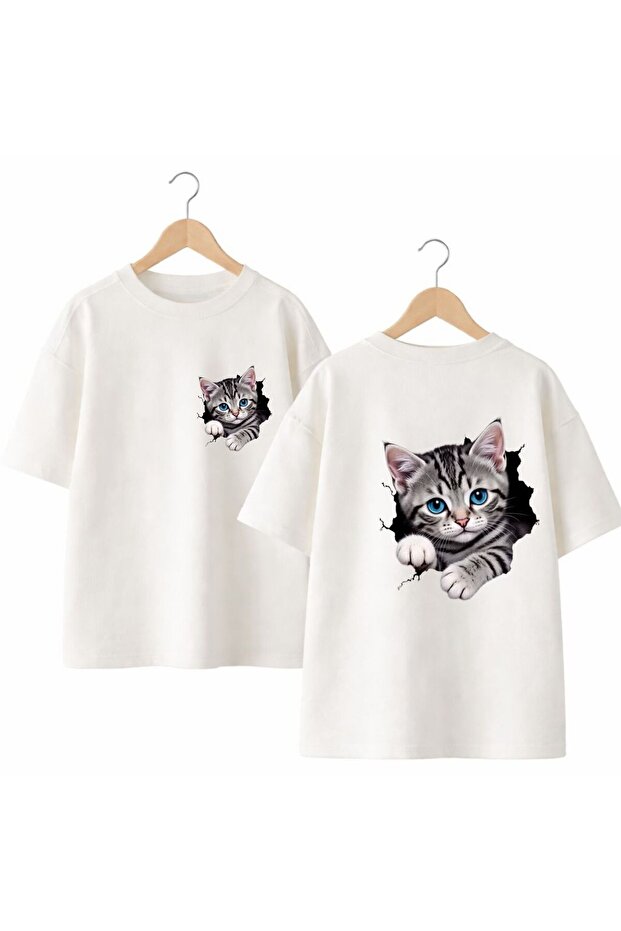 Maviş Cats Printed on the Back and Front Chest, 100% Cotton Oversize Loose Regular Fit Crew Neck T-Shirt