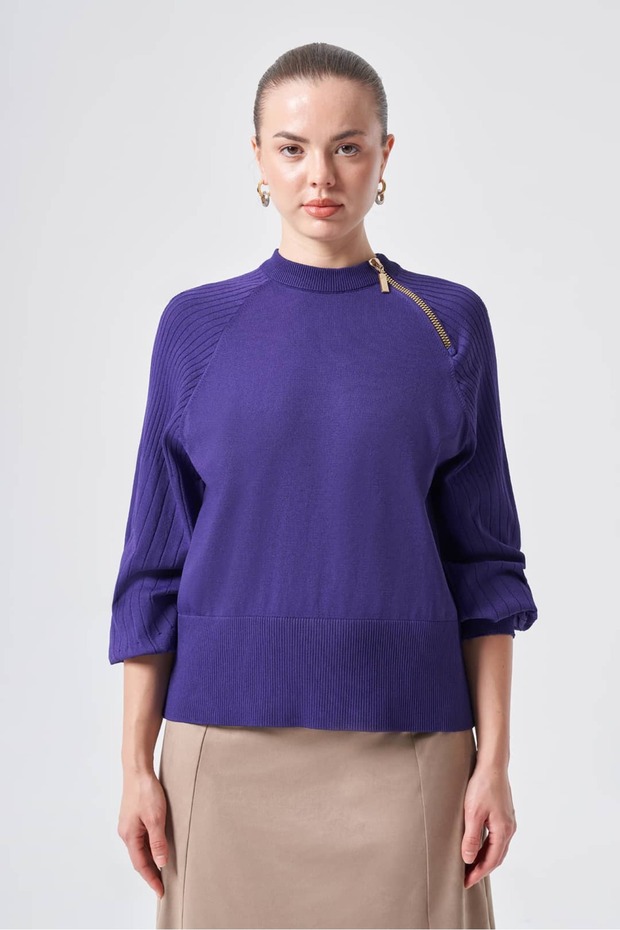 205 Zipper Detail Tricot Tunic Purple