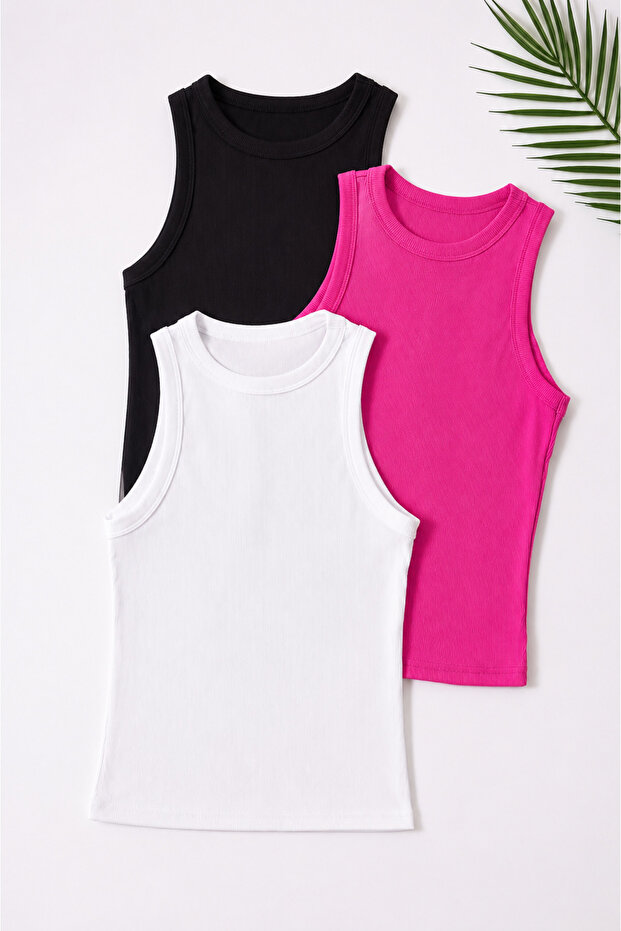 Women's 3-Pack Halter Neck Sports Ribbed Camisole Cotton Undershirt