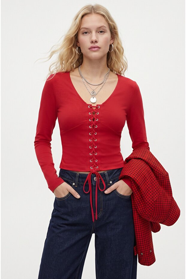 Women's Zayn Combed Cotton 100% Cotton Lace-Up Red Long Sleeve Knitted Blouse