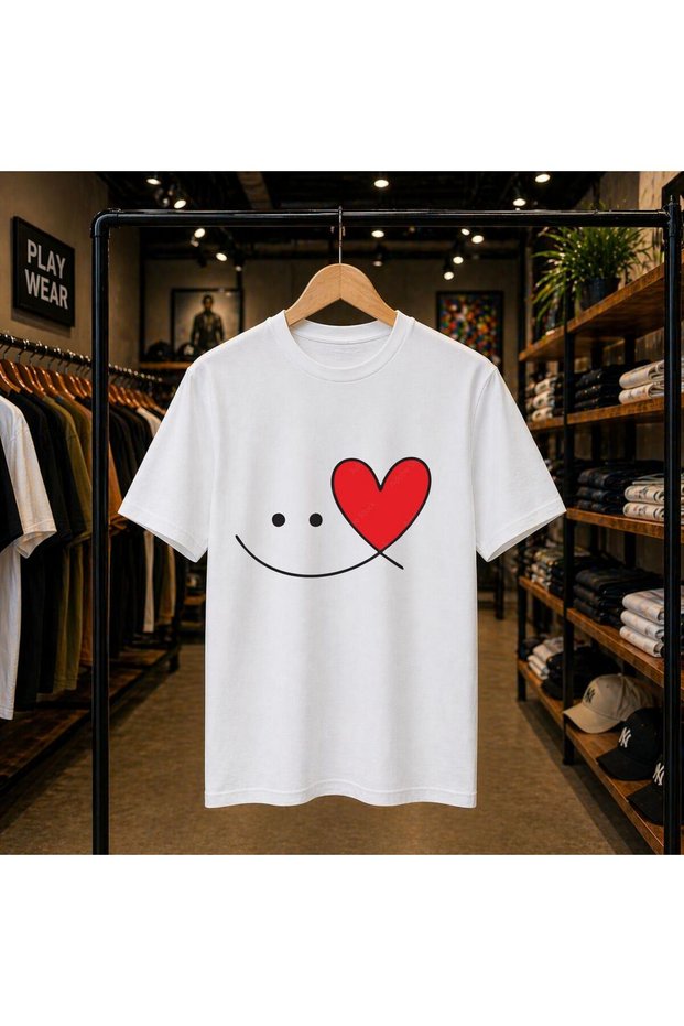 Emoji Heart Printed 100% Cotton Oversize Loose Regular Fit Crew Neck T-Shirt