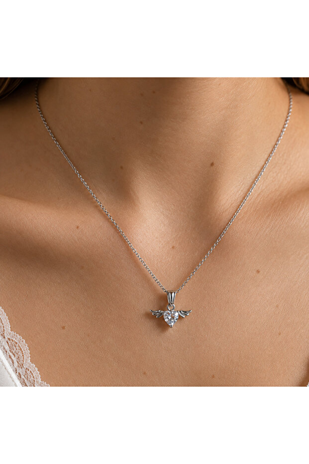 Heart Stone Wing Necklace Gift Silver White