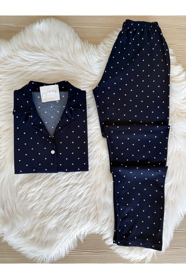 Navy Blue Patterned Suede Shirt Collar Long Sleeve Pajama Set