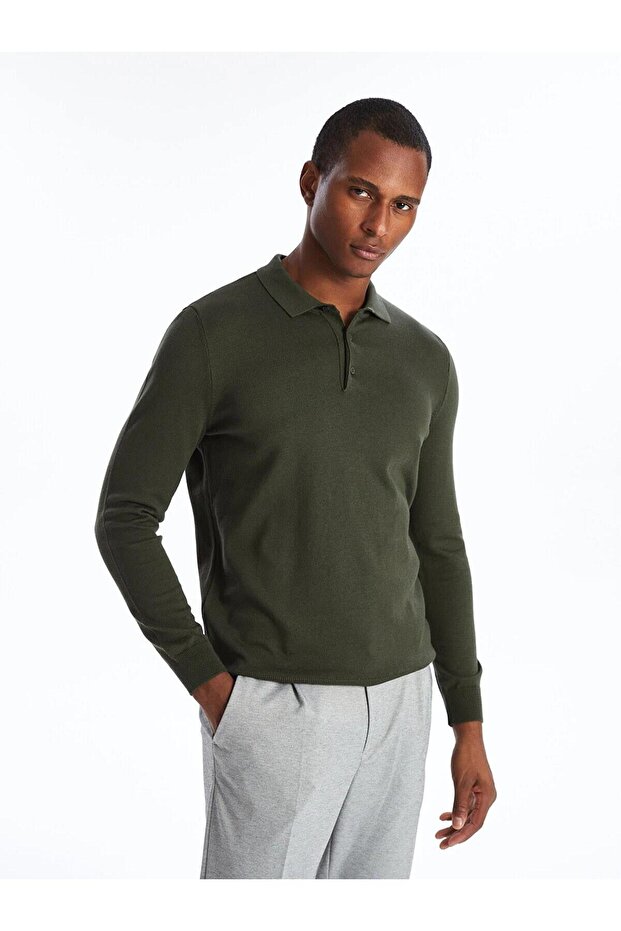 Polo Collar Long Sleeve Men's Knitwear Sweater (W4)