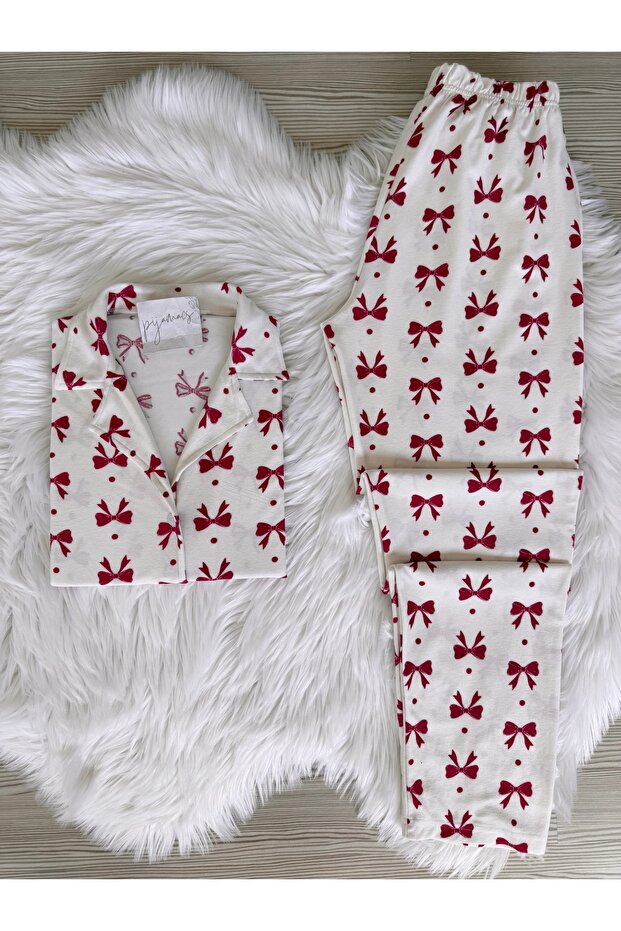 Bowknot Patterned Suede Shirt Collar Long Sleeve Pajama Set