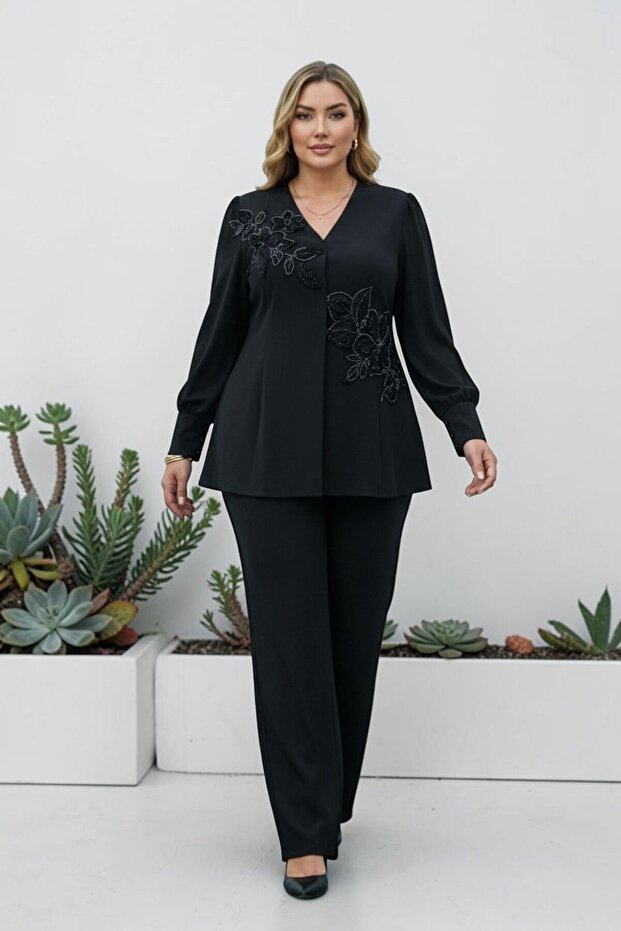 Women's Stone Embroidered Crepe Jacket Trousers Suit Stylish Double Suit 36-48 46417