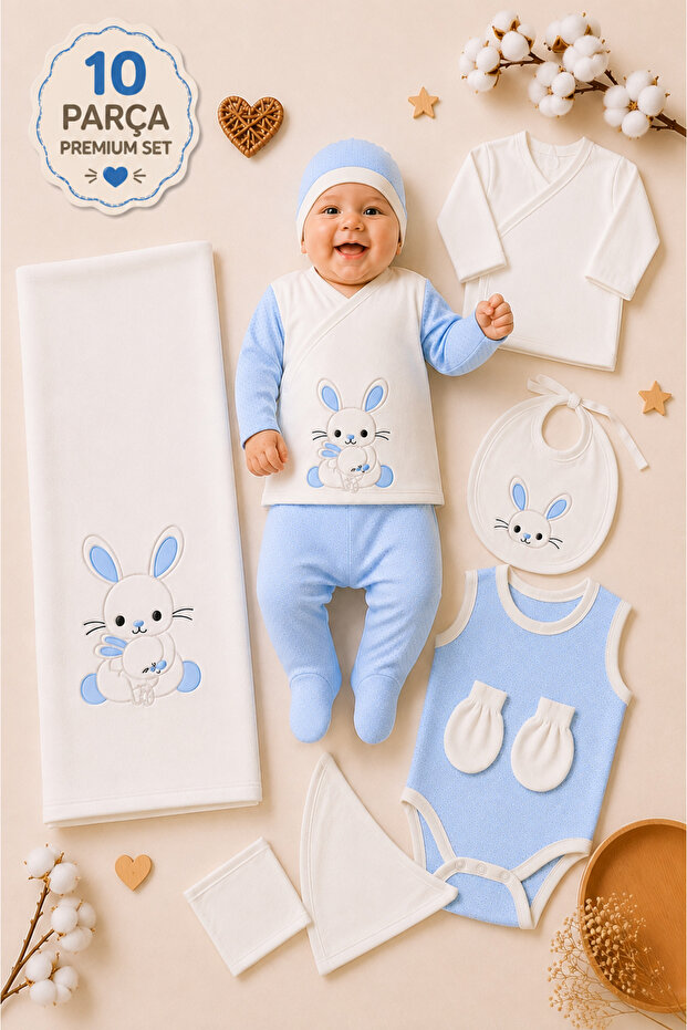 10 Piece Premium Baby Hospital Discharge Set Rabbit Patterned Newborn Set