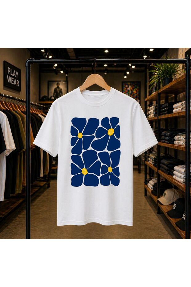 Blue Medium Yellow Printed 100% Cotton Oversize Loose Regular Fit Crew Neck T-Shirt