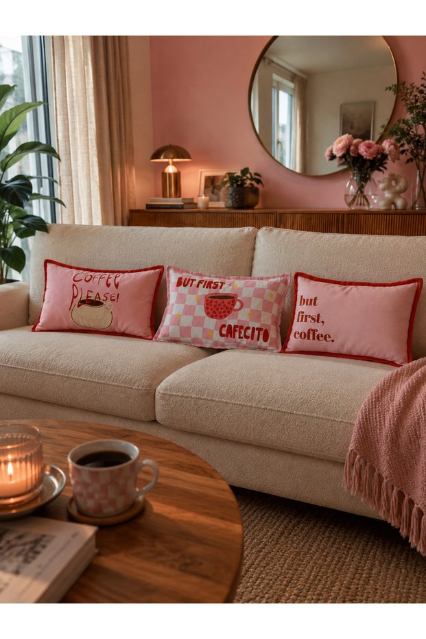 Coffee Themed Pink Red 3-Piece Throw Pillow Cover Set - 3-Piece Decorative Suede Throw Pillow Cover Set - 30X50 cm