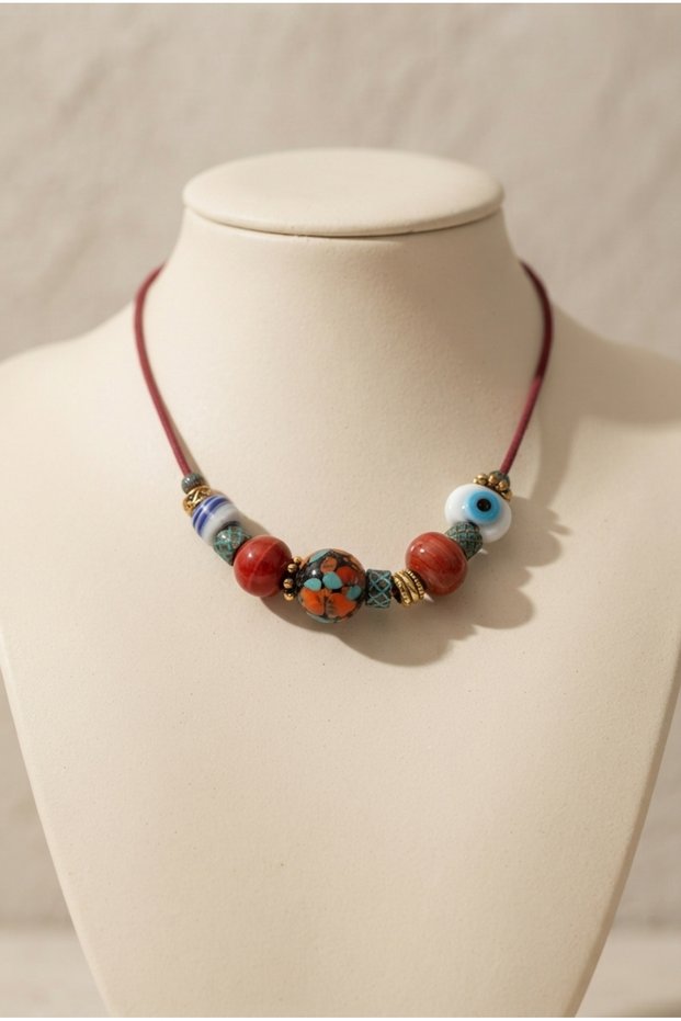 Handmade Special Design Necklace with Glass Beads and Evil Eye Bead Detail