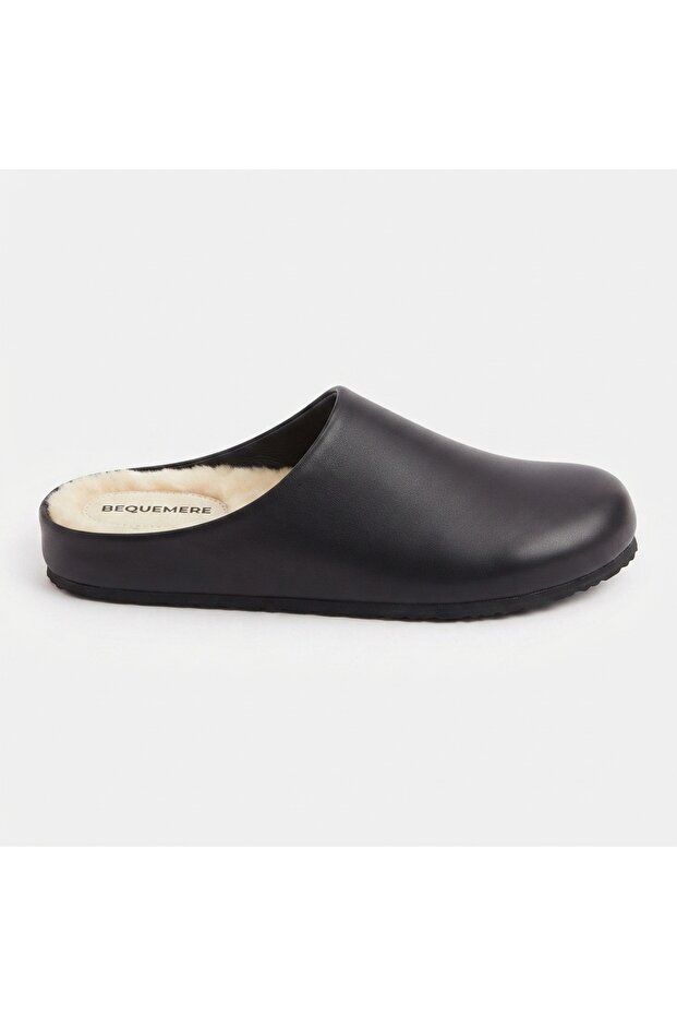 Mw410 Black Genuine Leather with Real Wool Inside, Winter Full Coverage Cork Sole Unisex Orthopedic Sabo Slippers