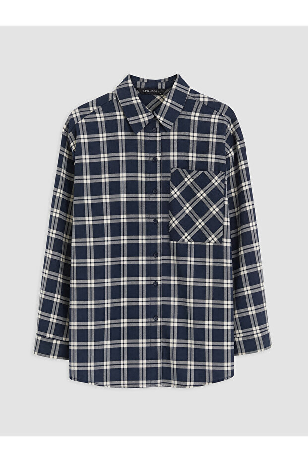 Vizyon New Season Blue Plaid Oversize Women's Lumberjack Shirt Tunic