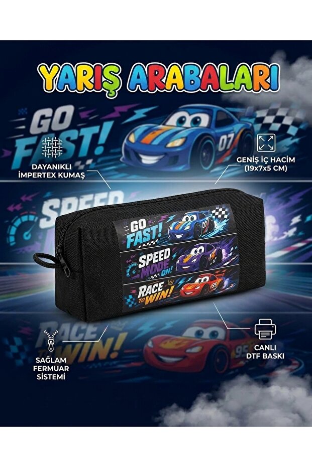Racing Cars Themed Black Pencil Case 19X7X5 cm - Large Capacity Durable Impertex Fabric School Kal