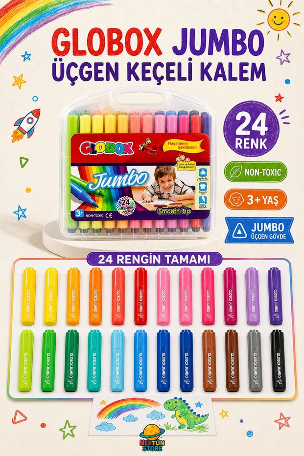 Globox Jumbo Triangle Felt-Tip Crayons 24 Colors – Thick Body Painting Set