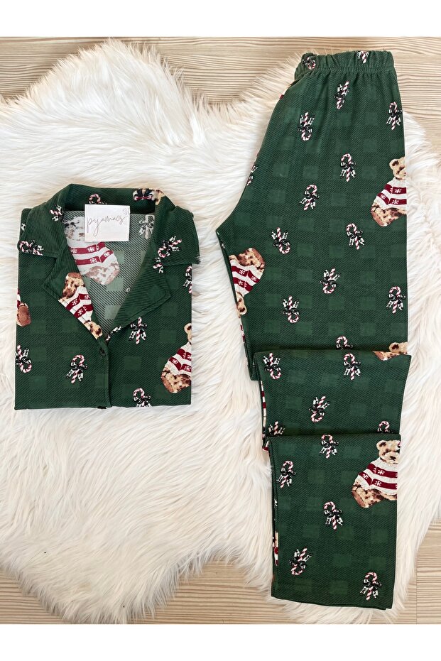 Dark Green Cute Teddy Bear Patterned Suede Shirt Collar Long Sleeve Pajama Set