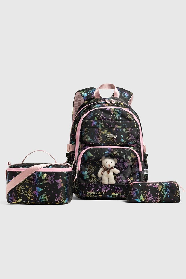 Celorina Girls' 3-Piece School Bag Set - Orthopedic, Thermal Insulated Lunch Bag and Pencil Case, Black