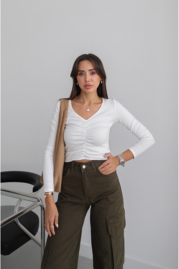 Ecru V-Neck Gathered Front Blouse