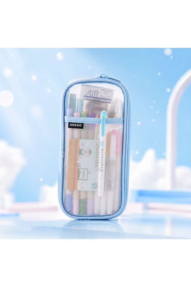 Transparent Mesh Zippered Pen Holder Large Capacity Pastel Pencil Case Organizer Color Options Available