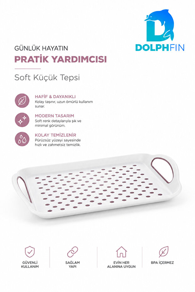 Soft Small Size Plastic Serving Tray with Handle, Dot Patterned, White Powder, Bpa Free