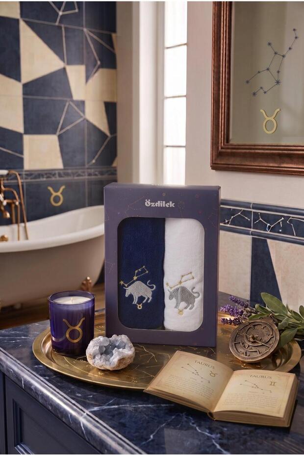 Hand and Face Towel Set of 2 Boxed Taurus Zodiac Sign Embroidered 50X90