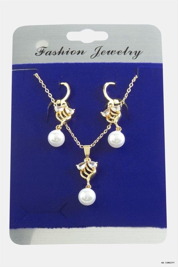 CONCEPTA Flower Pearl and Zircon Stone Necklace Set (234419) Silver-Colored