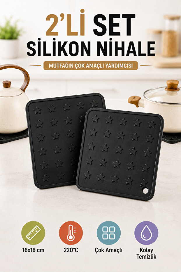 Set of 2 Black Silicone Trivets 16X16Cm Multi-Purpose Pot Pan Coaster Oven Tray Holder Jar