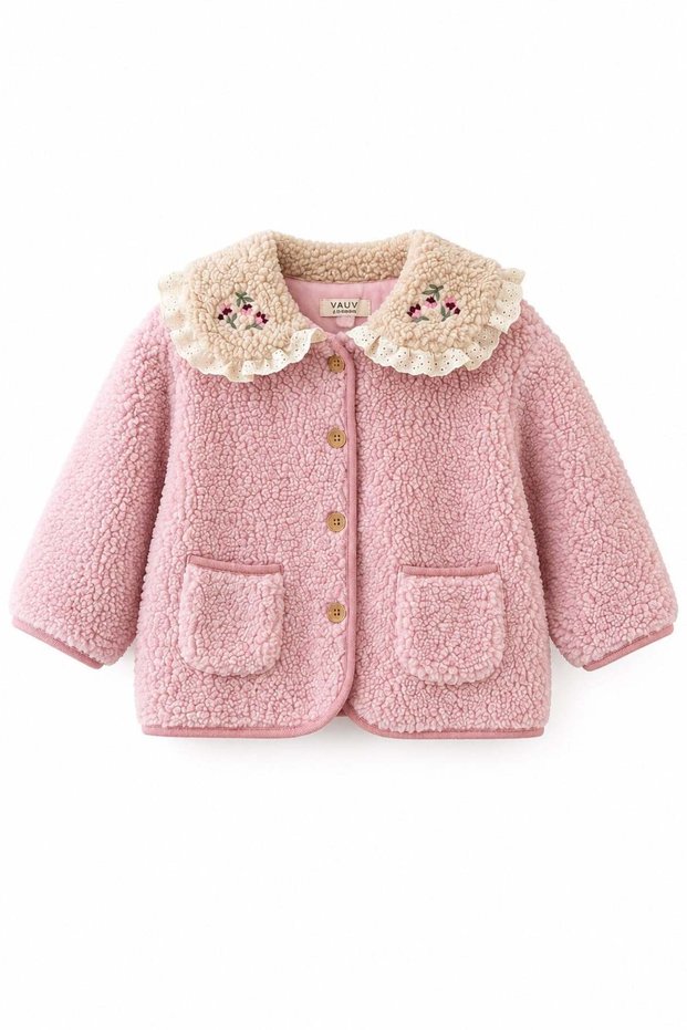 Baby Girl Collar Detailed Plush Coat Pink
