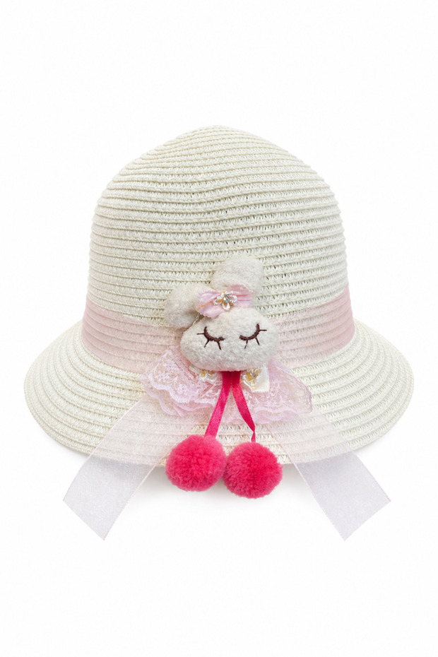 Pink Ribbon Straw Beach Hat with Cute Rabbit Figure for Children