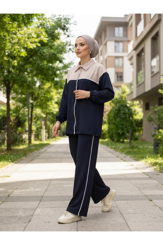 Women's Zippered Double Suit Set, Wide Leg Pants, Stripe Detailed, Comfortable Cut, Hijab Suit