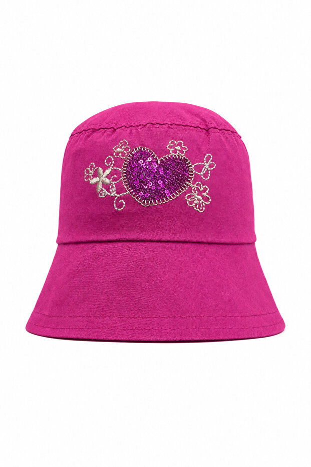Children's Fuchsia Sequined Heart Embroidered Bucket Hat Summer Sunscreen