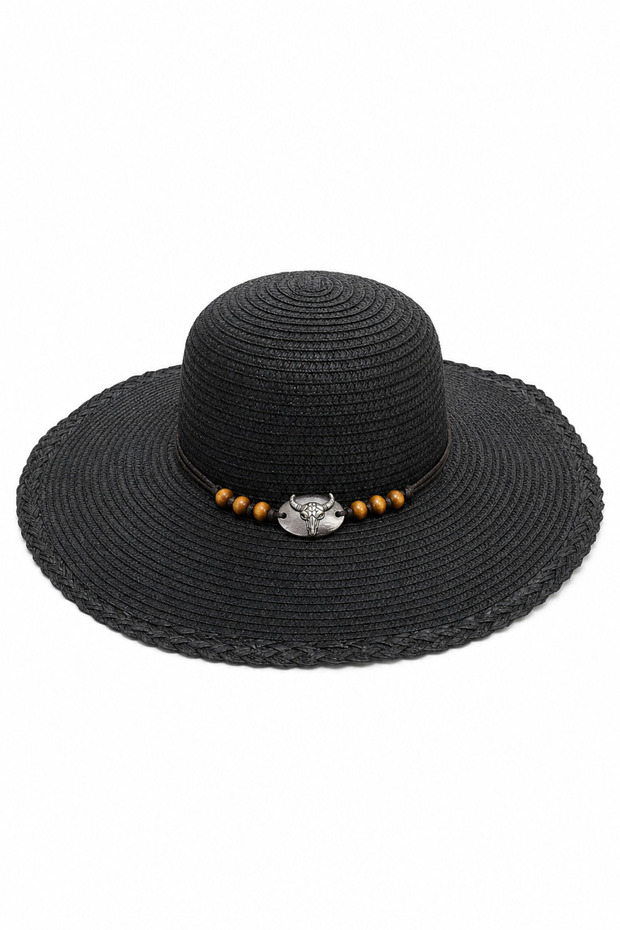 Black Wide Brim Straw Hat with Bull Head Detail Summer Beach Hat