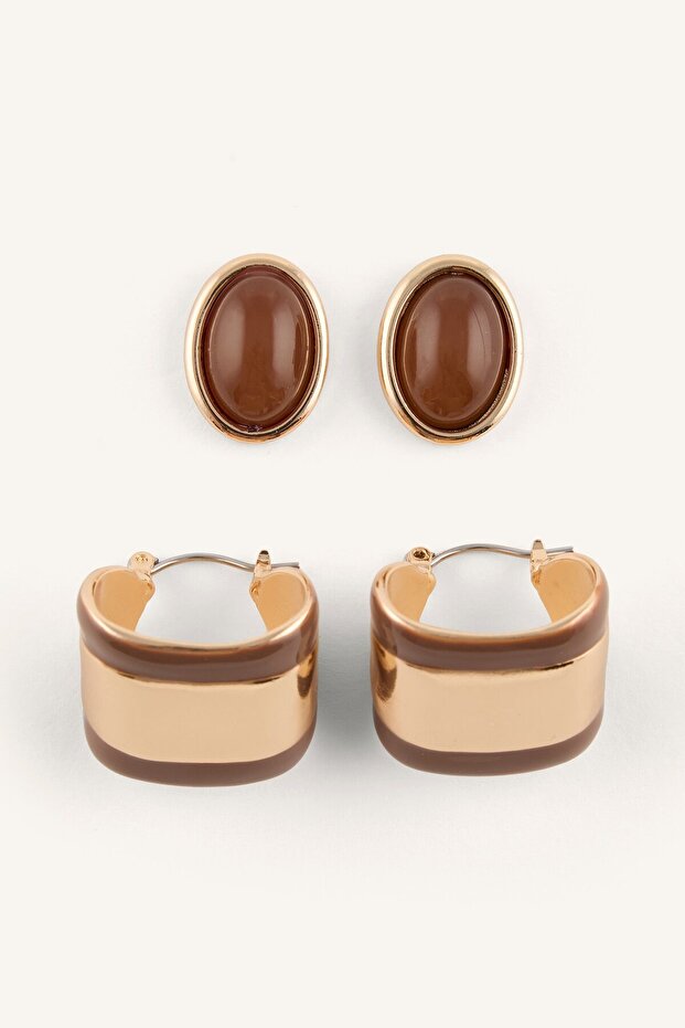 Women's Oval and Thick Hoop Shaped 2-Piece Earring Set I7118Axns
