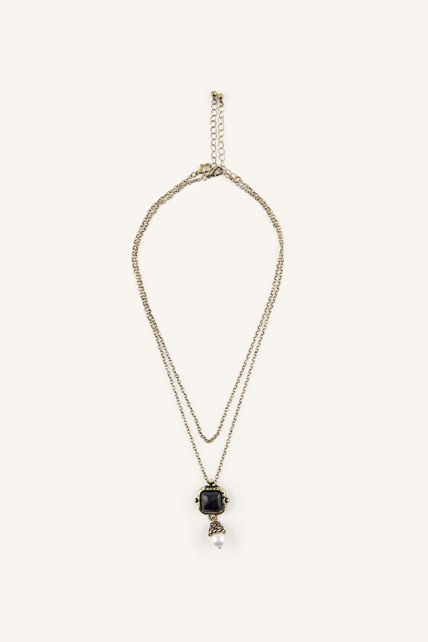 Stone and Pearl Look Detailed Double Chain Women's Necklace I7165Axns