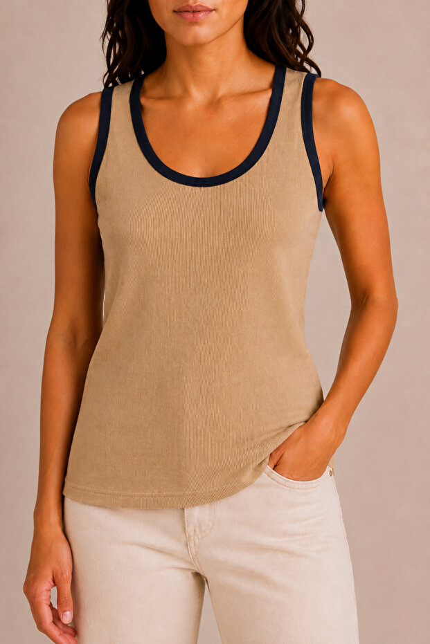 Women's Contrast Ribbed Wide Strap Ribbed Flexible Regular Fit Undershirt