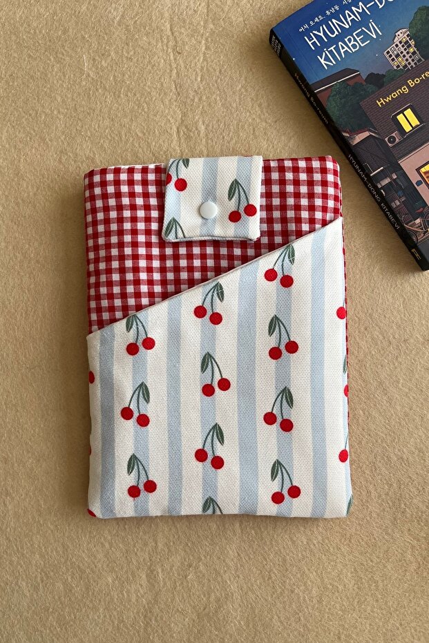 Fabric Book Cover with Pockets, Cherry Patterned Checkered Book Lover Gift