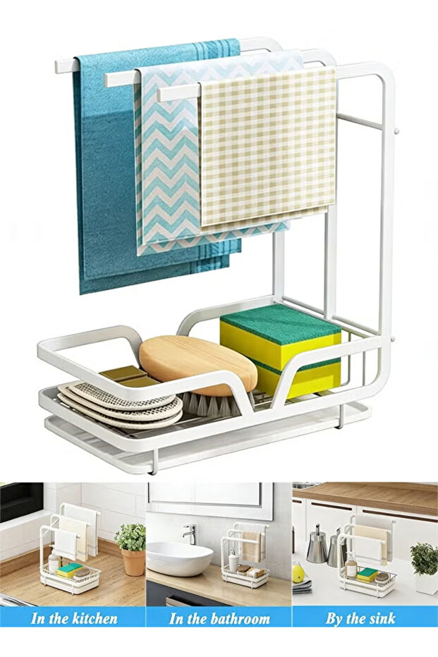 Kitchen Sponge Holder with Dishcloth Drying Rack Kitchen Sink Caddy Organizer with Drain Pan - Kitchen Rag Stand for Kitchen Dish Supplies Sink Plug Rags Brush Wall-mount Countertop White