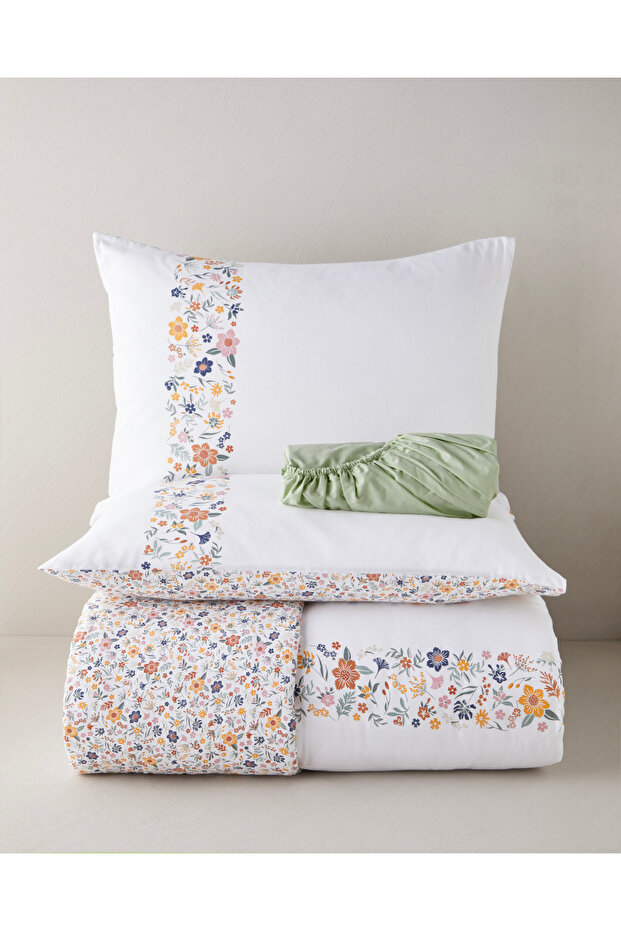 Bloomy Lines Cotton Double Bed Sheet Duvet Cover Set 200X220 cm Yellow