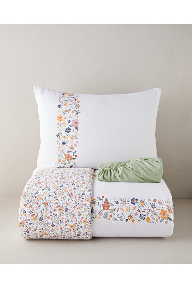 Bloomy Lines Cotton Single Bed Sheet Duvet Cover Set 160X220 cm Yellow