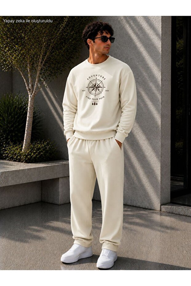 Men's Explore More Mountain Printed Crew Neck Regular Fit Men's Tracksuit Set /Straight Leg Bottom