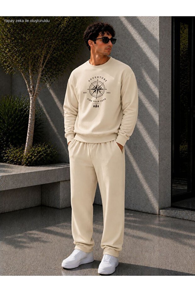 Men's Explore More Mountain Printed Crew Neck Regular Fit Men's Tracksuit Set /Straight Leg Bottom