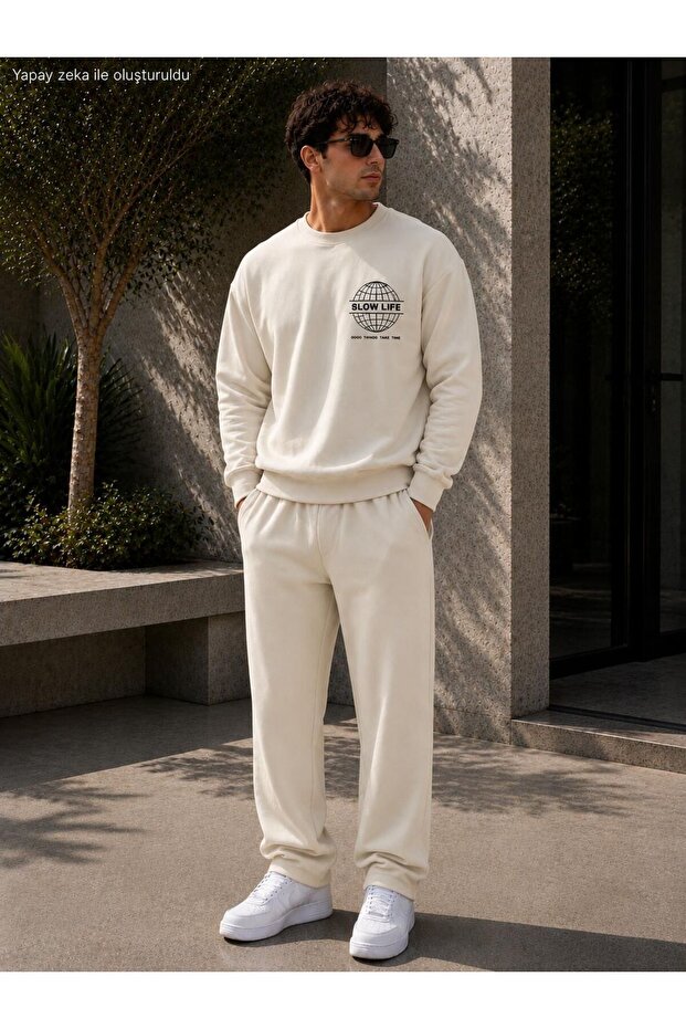 Men's Slow Life World Graphic Printed Crew Neck Regular Fit Men's Tracksuit Set /Straight Leg Bottom