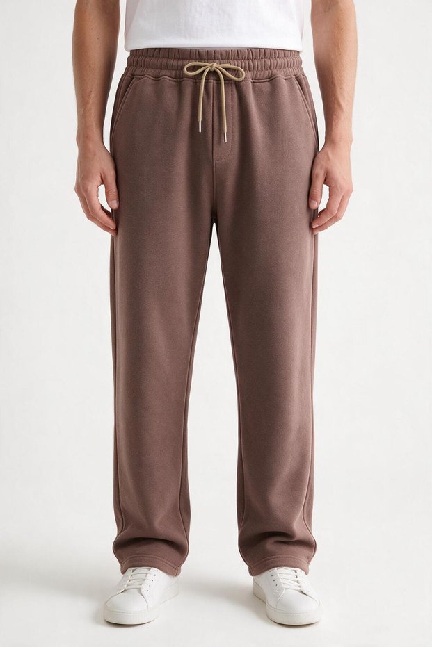 Men's Brown 3 Thread Rastered Sweatpants with Flat Legs, Comfortable Cut, Elastic Waistband and Pockets