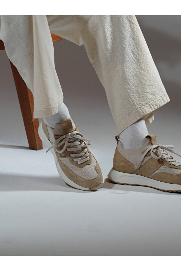 Sage Model Genuine Leather Handmade Beige Knitwear Sneaker Shoes