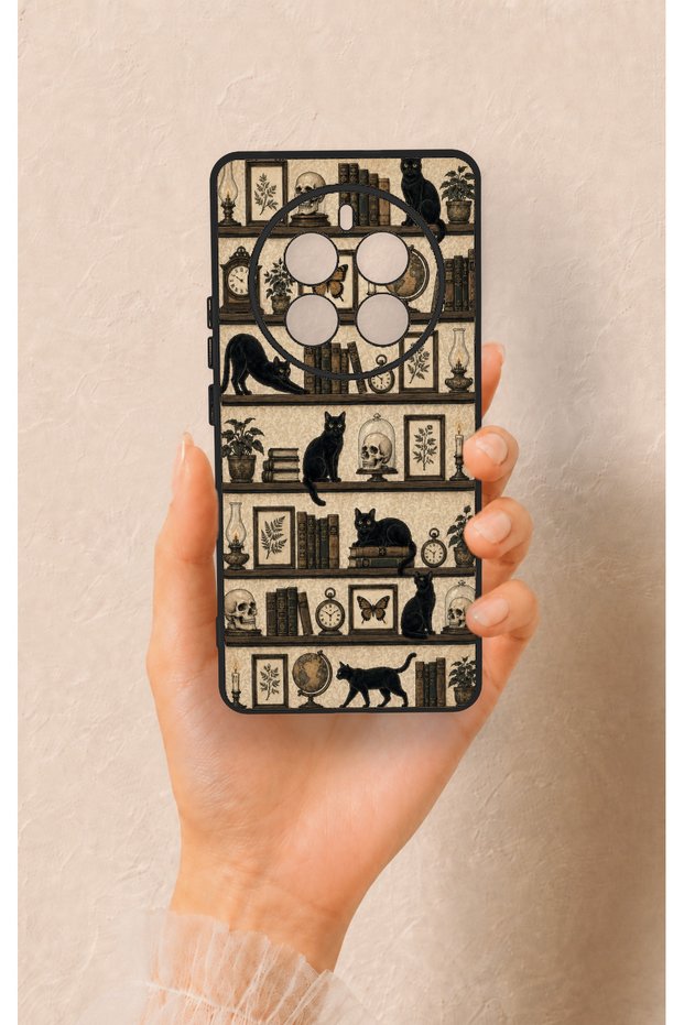 Realme 12 Pro Compatible Vintage Black Cat Patterned Silicone Case
